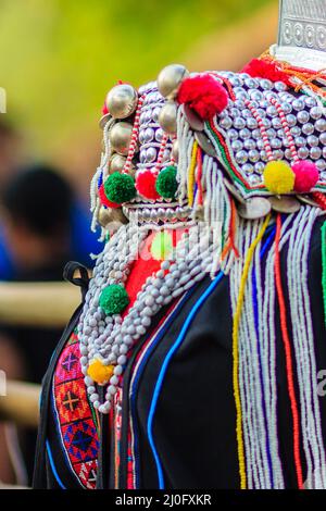 Bella tradizionali costumi rosso vestiti e monete d'argento sul copricapo in tribù della collina del villaggio di minoranza a nord della Thailandia. Foto Stock