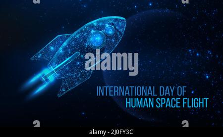 Giornata nazionale del concetto di volo spaziale umano. Futuristico pianeta astratto moderno su sfondo blu. Illustrazione vettoriale Illustrazione Vettoriale