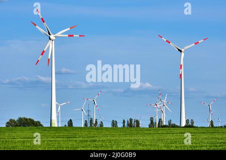 Moderni generatori di energia di vento in un cornfield visto in Germania Foto Stock