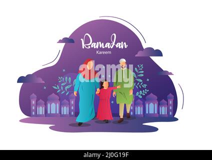 Illustrazione vettoriale delle persone che celebrano Ramadan Kareem dell'Islam festa religiosa di festa Eid Mubarak Illustrazione Vettoriale