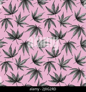 Cannabis su sfondo rosa modello senza cuciture. Foglie di cannabis bianche e nere disegnate a mano su sfondo rosa. Foto Stock