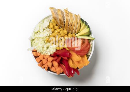 Ciotola di Buddha con pollo su legno Foto Stock