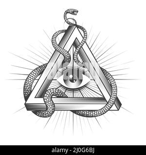 Tatuaggio di Masonic All Seeing Eye dentro Triangolo con serpente di saggezza isolato su bianco. Illustrazione vettoriale. Illustrazione Vettoriale