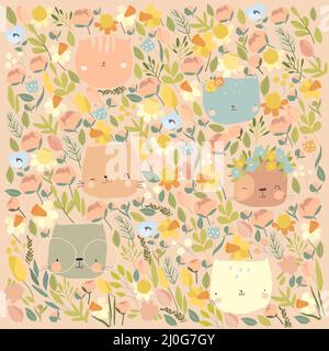 Carino Cartoon Cats Heads con fiori di primavera Illustrazione Vettoriale