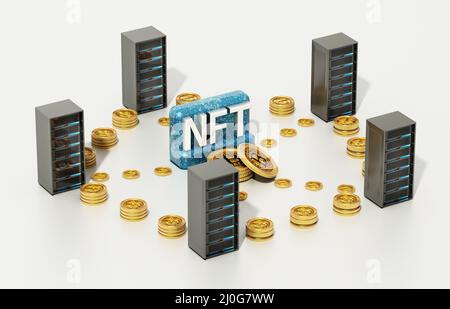 Crypto Coins connette i server di dati con la parola NFT al centro. 3D illustrazione. Foto Stock