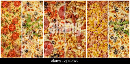 Primo piano di diversi tipi di pizza. Pizza italiana appena sfornata con condimenti deliziosi come pomodoro e salame, salsiccia o graniglia Foto Stock