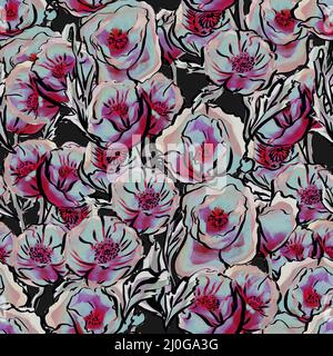 Elegante motivo senza cuciture con fiori rosa polverosi di tulipano, peonia, rosa Foto Stock