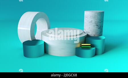 Palcoscenico blu con podio geometrico ed elementi, generato dal computer. 3d rendering dello sfondo dello studio Foto Stock