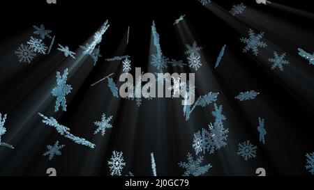 Grandi fiocchi di neve di cristallo in caduta, generati dal computer. sfondo invernale con rendering 3d Foto Stock