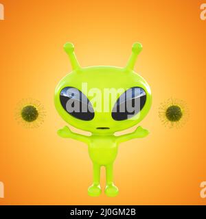 Piccolo alieno verde al centro dei batteri coronavirus su sfondo arancione retroilluminato. Vista frontale. 3d rendering Foto Stock
