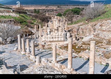 Selcuk, Izmir, Turchia - colonne di Memmio Monumento in Efeso rovine, storico antico siti archeologici romani nella parte orientale di M. Foto Stock