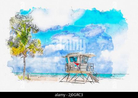 Illustrazione di pittura di acquerello della torre di bagnino in South Beach a Fort Lauderdale Florida, Stati Uniti Foto Stock