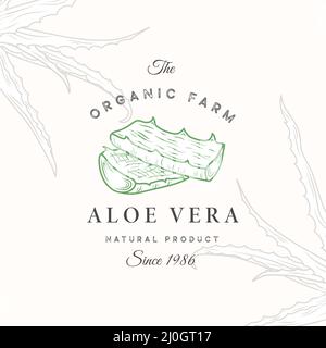 Modello di logo, simbolo o segno vettoriale astratto Aloe vera. Elegante Aloe Sillhouette disegnata a mano con tipografia retrò. Emblema vintage Luxury. Isolato. Illustrazione Vettoriale