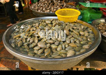 Di vongole fresche per la vendita sul mercato russo, Phnom Penh Cambogia. Photo credit: Brooks Lieb Foto Stock