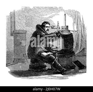 Un membro della seconda spedizione di Grlnnell e l'esplorazione artica alla ricerca di Sir John Franklin sta lavorando con un magnetometro in una stanza congelata, anno 1853 Foto Stock