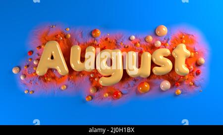 Soft orange plump word AUGUST surrounded by orange spheres over bright blue background and orange mountains structure. 3d illust Stock Photo