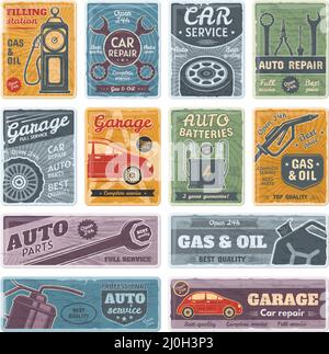 Cartelli in metallo per auto retrò, garage, carburante, poster di assistenza auto. Set di illustrazioni vettoriali per la stazione di benzina e la riparazione dei segnali di manutenzione. Vecchi piatti arrugginiti Illustrazione Vettoriale