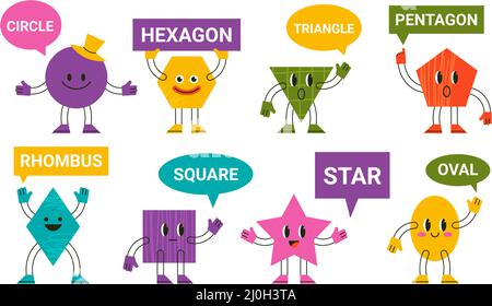 Astratto divertente fumetti geometrici con fumetti vocali. Cartoon facce geometriche, forme colorate illustrazione vettoriale dei caratteri. Divertente geometrico Illustrazione Vettoriale