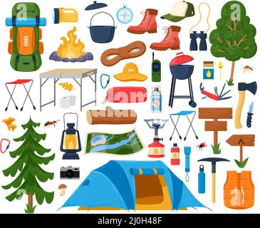 Attrezzatura da trekking cartoon, campeggio turistico campfire, tenda e sacco a pelo. Torcia accendino, binocoli, griglia barbecue e stivali set di illustrazione vettoriale Illustrazione Vettoriale