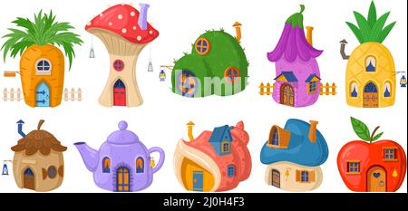 Casa di funghi fata, cartoon fiaba piccola casa forestale. Piante da favola, gnomi o hobbit case vettore illustrazione set. Fantasy edifici carini Illustrazione Vettoriale