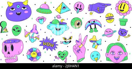 Adesivi psichedelici neon retro, pazzi simboli hippy astratti. Adesivi retrò astratti e allucinazioni elementi vettore illustrazione set. Retro Illustrazione Vettoriale