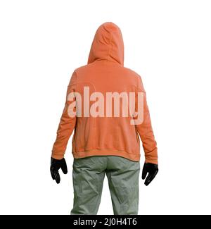 Vista posteriore di un criminale o di un hacker nel cofano su sfondo bianco Foto Stock