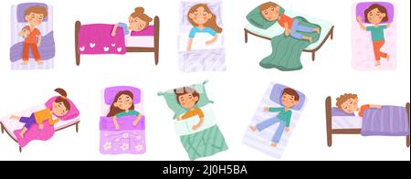 Bambini che dormono, bedtime del bambino, i caratteri del napping del bambino piccolo. Asilo nap tempo, ragazzi e ragazze dormire in letti vettore illustrazione set. Bambini Illustrazione Vettoriale