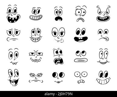 Collezione di vecchi cartoni animati tradizionali retrò. Vintage volti di persone con diverse emozioni del 20s 30s. Espressioni di carattere emoji 50s Illustrazione Vettoriale