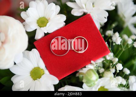 Vista dall'alto di due anelli su un tessuto rosso su fiori camomilla - concetto di una nuova famiglia, matrimonio Foto Stock
