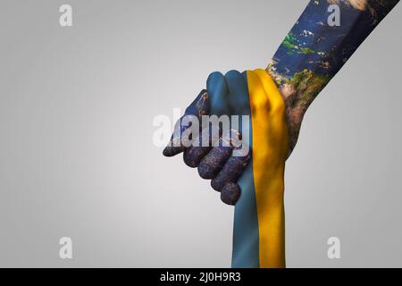 Aiuto mondiale e sostegno al concetto di Ucraina. Dare una mano al partner Foto Stock