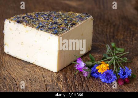 Formaggio di montagna con fiori su legno Foto Stock