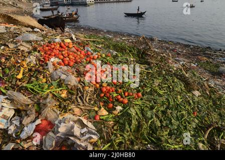 Dhaka, Bangladesh. 19th Mar 2022. L'inquinamento idrico causato dai rifiuti umani è stato oggetto di dumping nel fiume Buriganga a Dhaka, Bangladesh, il 19 marzo 2022. L'inquinamento idrico del fiume Buriganga ha raggiunto livelli allarmanti. Milioni di metri cubi di rifiuti tossici dalle concerie e migliaia di altre industrie, sormontato da un volume enorme di liquami non trattati da Dhaka City. Credit: Mamunur Rashid/Alamy Live News Foto Stock