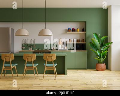 Design interno in stile moderno con parete verde.3D rendering Foto Stock