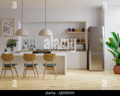 Interno di moderna cucina confortevole con legno e bianco details.3D rendering Foto Stock