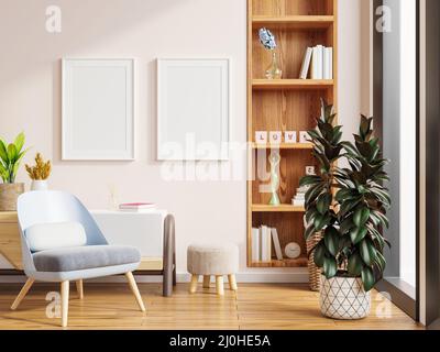 Mockup a due poster con cornici verticali su parete bianca vuota in soggiorno interno e poltrona.3D rendering Foto Stock