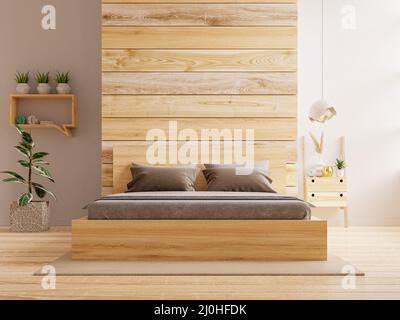 Camera da letto interna mockup con letto scuro su sfondo di legno vuoto parete.3D rendering Foto Stock