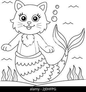 Cat Mermaid coloring Page for Kids Illustrazione Vettoriale