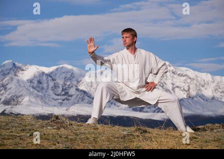 Wushu maestro in uno sport bianco uniforme di allenamento kungfu in natura sullo sfondo di montagne innevate. Foto Stock