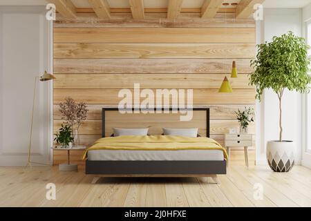 Camera da letto interno mockup con letto grigio su sfondo di legno vuoto parete.3D rendering Foto Stock