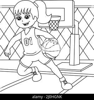 Ragazza che gioca Basket coloring Page per i bambini Illustrazione Vettoriale