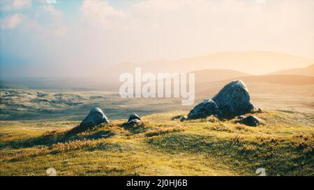 Prato con enormi pietre tra l'erba sulla collina al tramonto Foto Stock