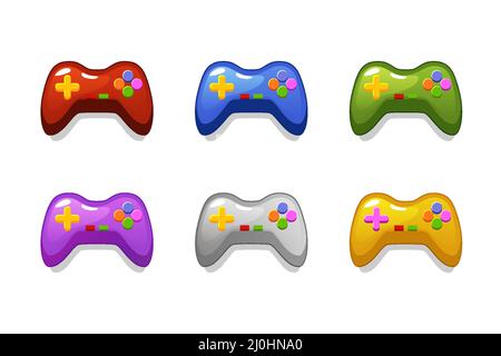Imposta i joystick isolati multicolore per i giochi per computer. Illustrazione Vettoriale