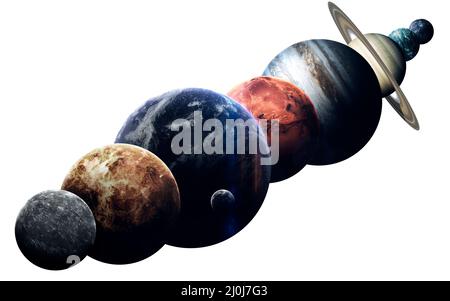 Tutti i pianeti del sistema solare su sfondo bianco. Immagine educativa. Elementi di questa immagine forniti dalla NASA Foto Stock