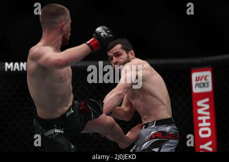 LONDRA, REGNO UNITO. MAR 19th Jack Shore atterra un calcio di corpo su Timur Valiev durante la notte di combattimento UFC 204 all'Arena O2 di Greenwich sabato 19th marzo 2022. (Credit: Kieran Riley | MI News) Credit: MI News & Sport /Alamy Live News Foto Stock