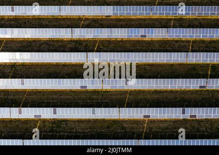 Primo piano dei moduli di un sistema fotovoltaico su un parco solare in Germania dal punto di vista dei droni Foto Stock
