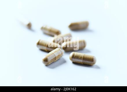 Gotu Kola (Centella Asiatica) capsule. Concetto per un'integrazione dietetica sana. Sfondo carta luminoso. Foto Stock