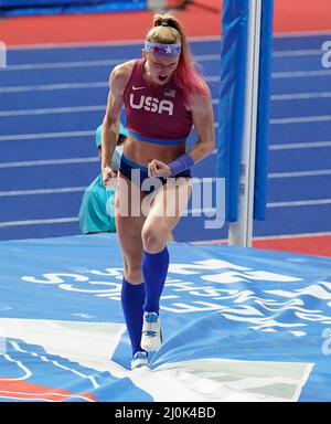 Belgrado,SRB, 19 Mar 2022 Sandi Morris (USA) celebra la sua vittoria della medaglia d'oro durante i Campionati mondiali di Indoor Belgade allo Stark Stadium Belgrado Serbia il 19 2022 marzo Graham Glendinning /Alamy Live News Foto Stock