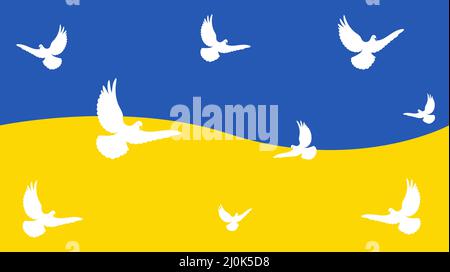 Bandiera dell'Ucraina e colombe bianche. Il concetto di pace e di bontà Illustrazione Vettoriale