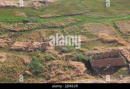 Gregge di pecore in pianura dal Castello di Van in Anatolia orientale, Turchia. La città di Van ha una lunga storia come importante area urbana. Foto Stock