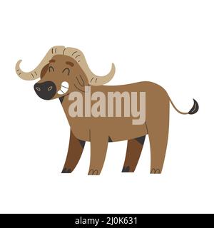 Bufalo africano con corna grandi, animale africano sorridente, illustrazione vettoriale isolata Illustrazione Vettoriale